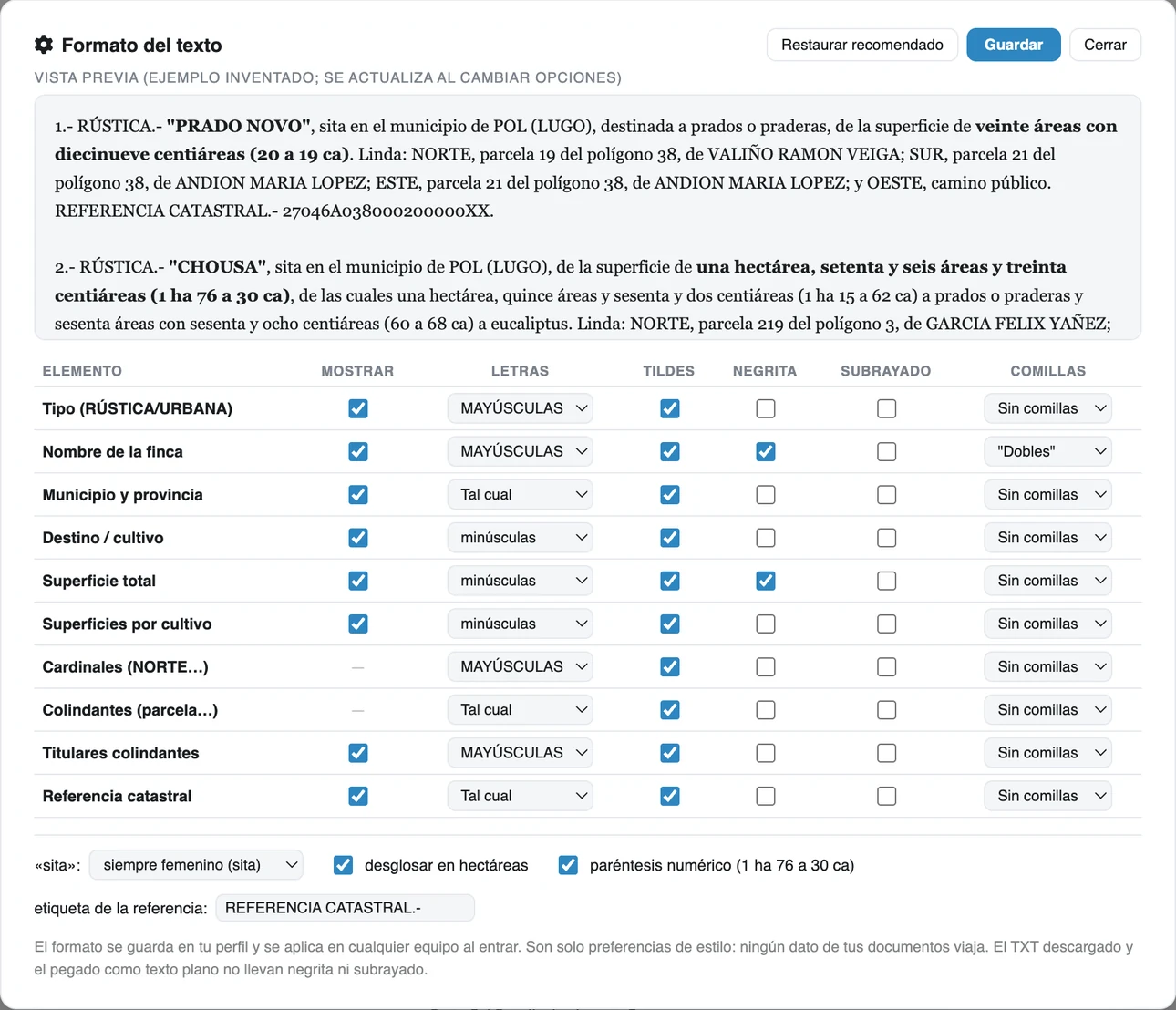 Panel Formato del texto con su vista previa en vivo