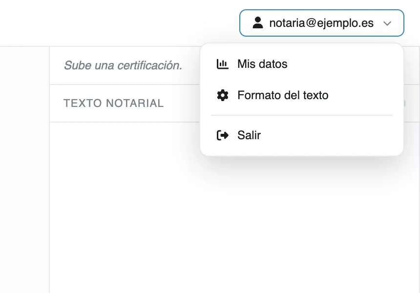 Menú de usuario con Mis datos, Formato del texto y Salir